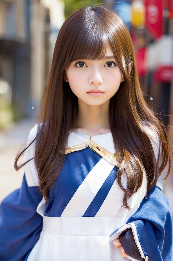 one girl, (beautiful girl, delicate girl:1.3), (:1.3),
break, (Gal Costumes:1.3),
break, extremely fine-grained clarity, (symmetrical eyes:1.3),
break, (Street view:1.3),
break, small breasts, brown eyes, parted bangs, brown hair, petite girl,
break, (Eye and face details:1.0),
break, (masterpiece, highest quality, Super detailed, detailed face, 8K)