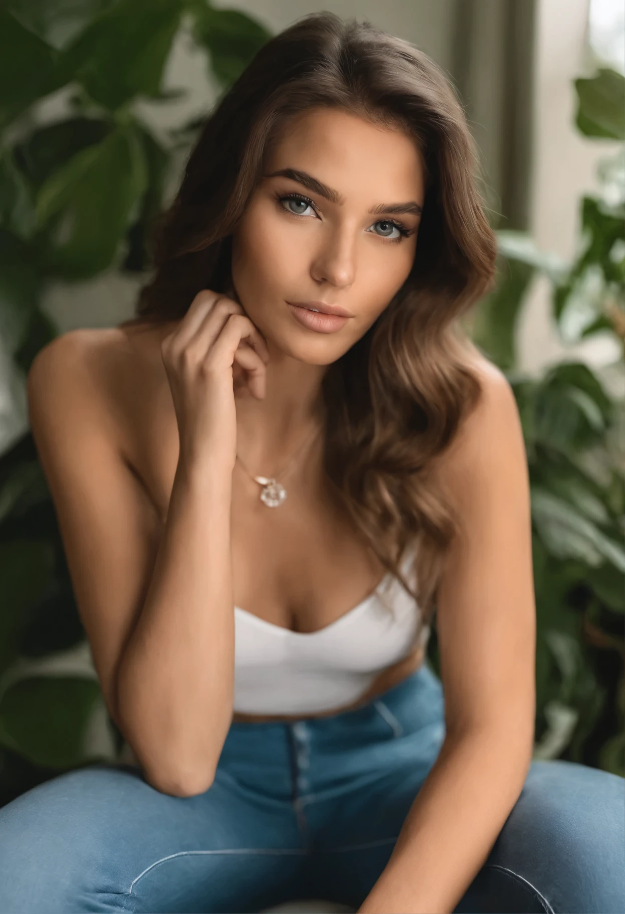 femme arafée avec un débardeur blanc et un collier, fille sexy aux yeux verts, Portrait de Sophie Mudd, cheveux bruns et grands yeux, selfie d&#39;une jeune femme, yeux de la chambre, Violette Myers, sans maquillage, Maquillage naturel, regarder directement la caméra, visage avec artgram, maquillage subtil, stunning tout le corps shot, yeux verts perçants, bel angle, pose attrayante, jolie fille, pose sexy, tout le corps picture, tout le corps, tout le corps shoot, déesse brune, détail élevé, pose satisfaite, Pantalon en cuir