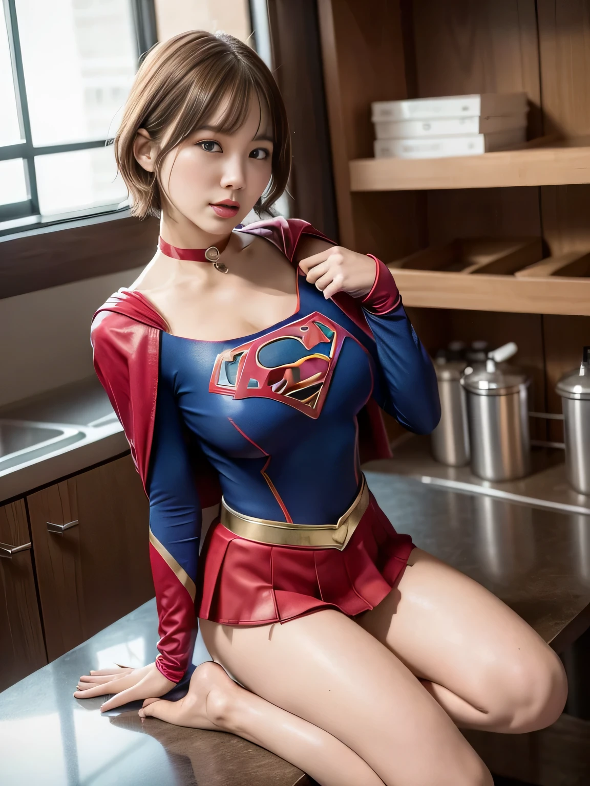 masterpiece、supergirl costume、short hair、barefoot、big and full breasts、Waste experimental facility、operating table、straddle、Tattered、shiny、look at the camera、Seduce、choker、red mini skirt、long sleeve、Cowgirl