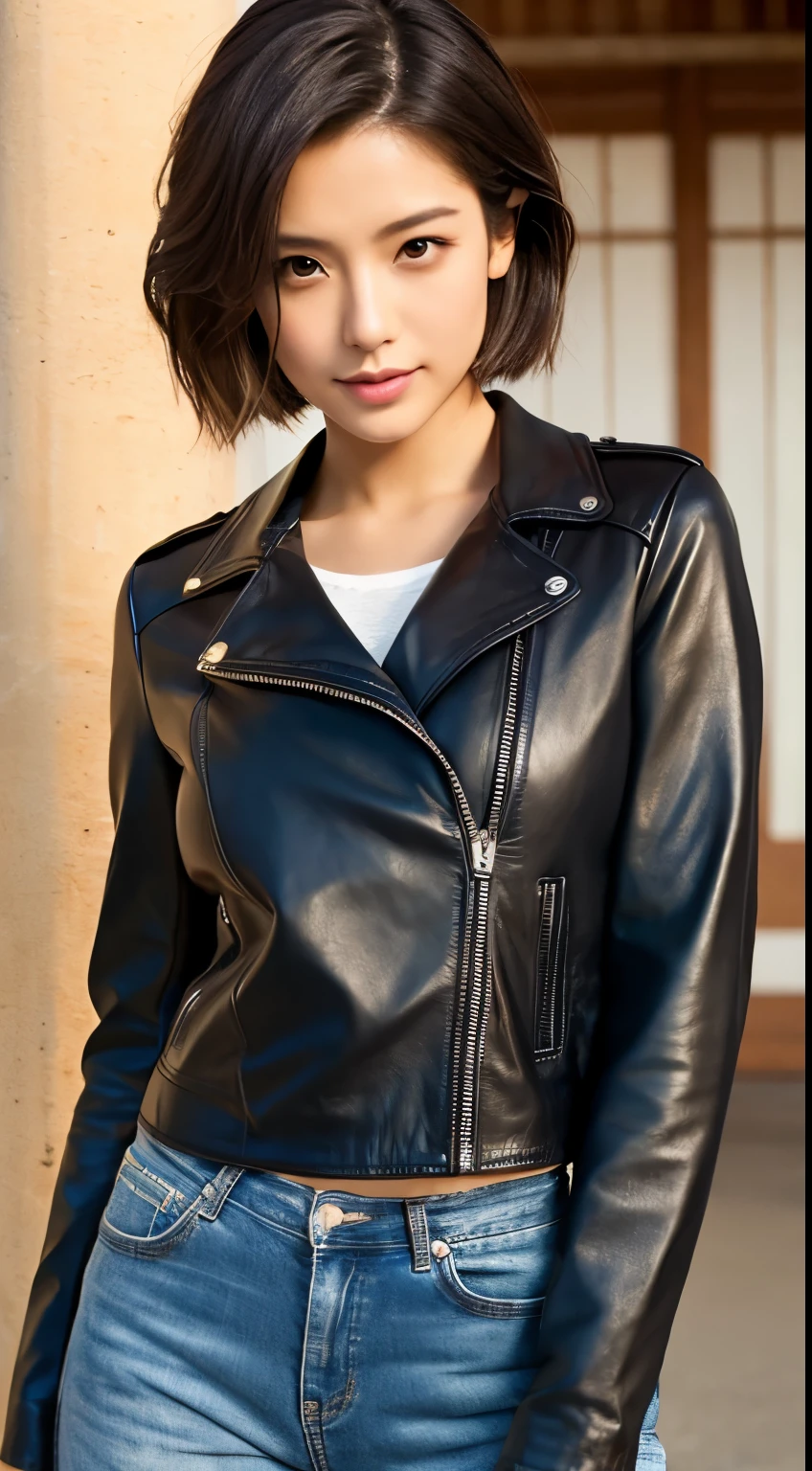 highest quality, 8K, 32K, masterpiece, UHD: 1.3), pictures of attractive japanese women, one girl, (whole body : 1.0), abs, perfect body, (leather jacket:1.0),(leather pants:1.1),(boots:1.0),super detailed face, detailed lips, fine eyes, double eyelid,short hair,messy hair,((オートバイに乗っているwhole body))、Detailed Motorcycle