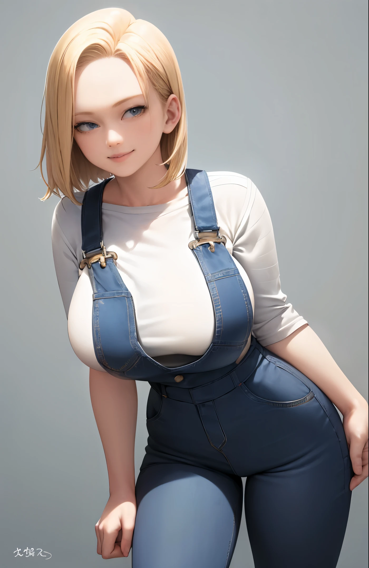 Smiling girl, 22 years ago, realistic, big breasts、Wear a white shirt underneath、Wearing overalls、she is wearing jeans both top and bottom, blonde、The hairstyle is one-length、