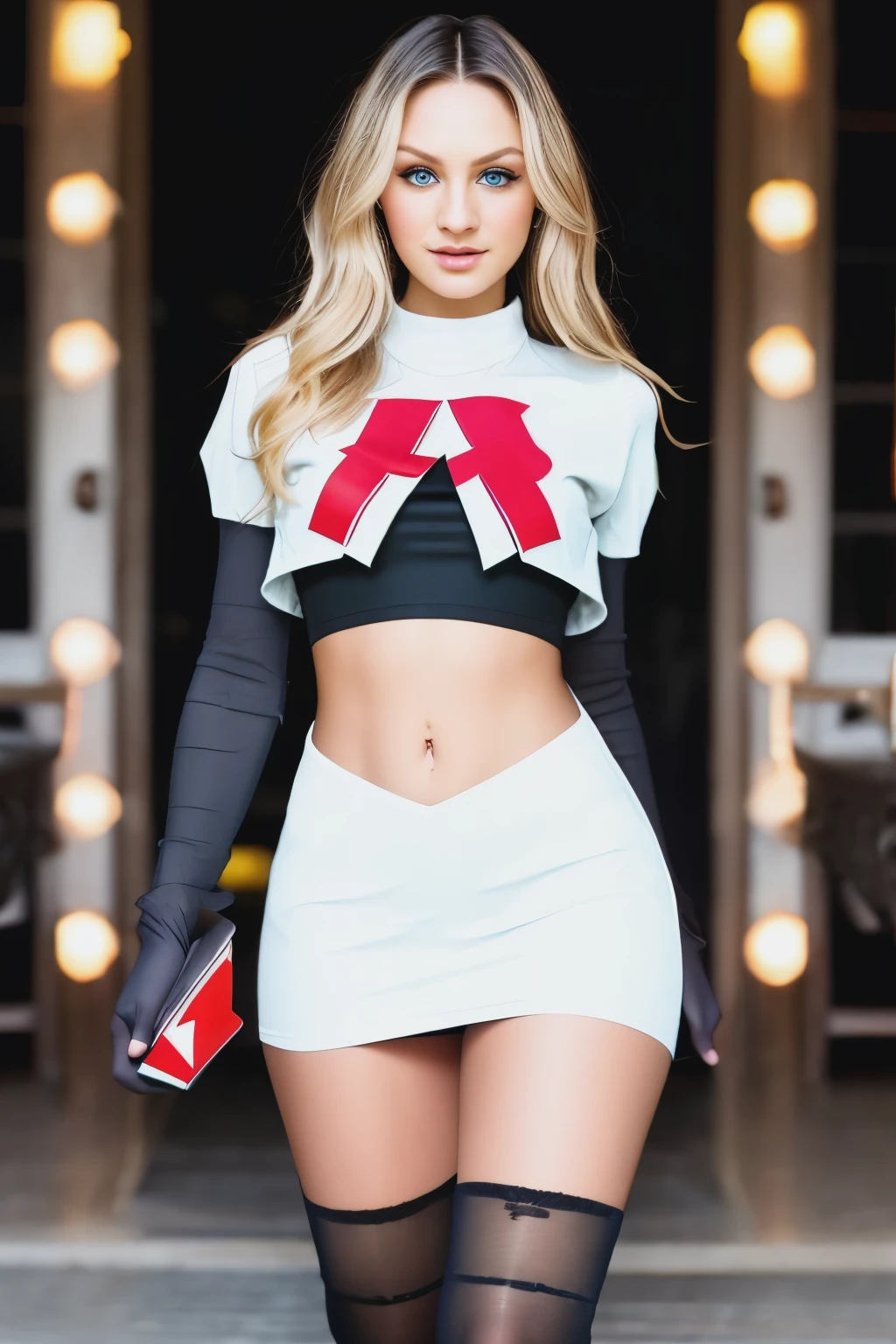 a Realistic photo of c4nd1c3sw woman wearing team rocket,team rocket uniform,white skirt,red letter R,crop top,black thigh-highs,black elbow gloves, long hair, breasts, looking at viewer, blue eyes, blonde hair, 