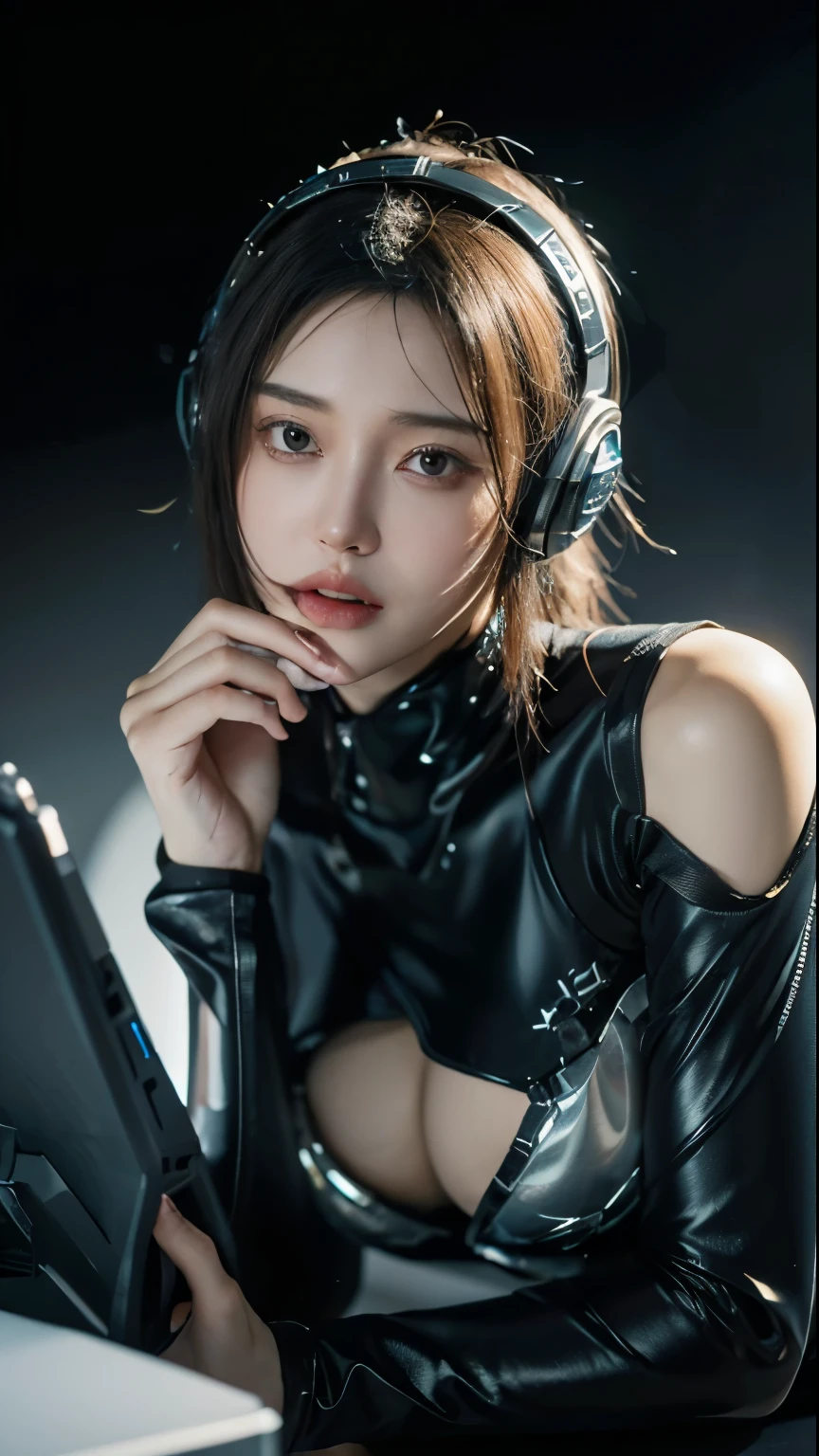 ((highest quality)), ((masterpiece)), (very detailed:1.3), 3D, Beautiful Sexy (cyber punk:1.3) Female hacker with short brown hair poses for a sexy photo, (sexy cyber suit:1.5) (Thin material that fits perfectly to your body:1.6) computer servers, LCD Screen, fiber optic cable, HDR (high dynamic range), ray tracing, NVIDIA RTX, super resolution, unreal 5, Scattered beneath the surface, PBR texturing, Post-processing, anisotropic filtering, Depth of bounds written, maximum clarity and sharpness, multilayer texture, Albedo and specular maps, surface shading, Accurate simulation of light-matter interactions, (perfect proportions:1.3), octane rendering, two-tone lighting, Low ISO, White balance, Rule of thirds, wide caliber, 8K students, efficient subpixel, subpixel convolution, luminescent particles