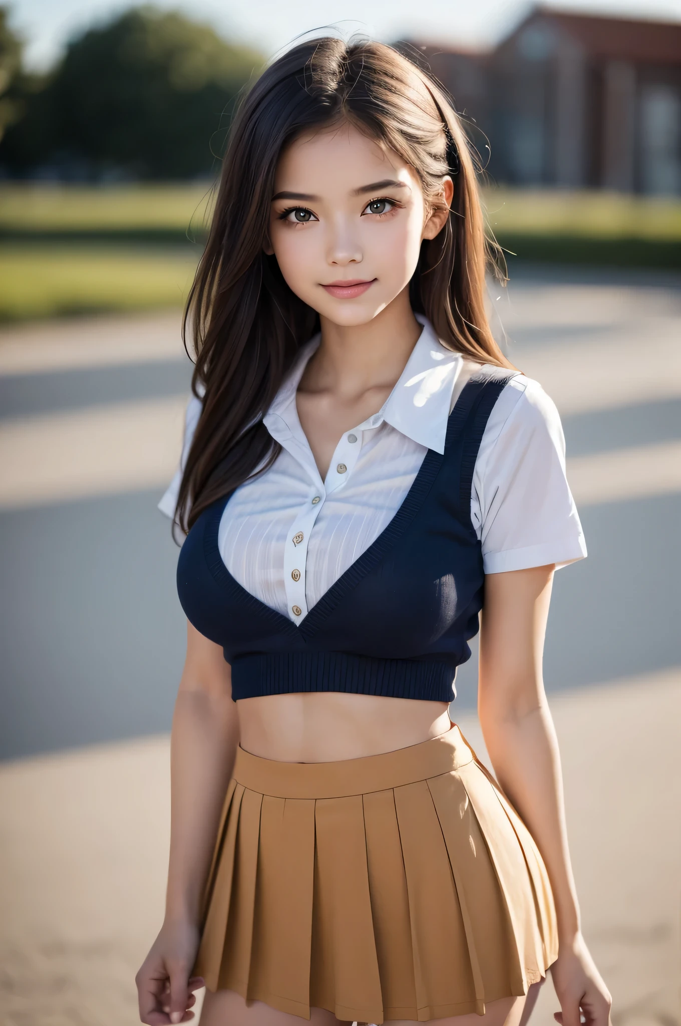 (1ung girls), (highly detailed Beautiful face), Amazing face and eyes, (Best Quality:1.4), (Ultra-detailed), (extremely detailed CG unified 8k wallpaper), Highly detailed, High-definition raw color photos, Professional Photography, Realistic portrait, Pink eyes, (hi-school uniform, pleated mini skirt:1.3), ((hi-school uniform with open chest)), brown hair, model, smile shyly, (beautiful breasts:1.3), depth of fields, depth of fields, beach, twilight, sunset,