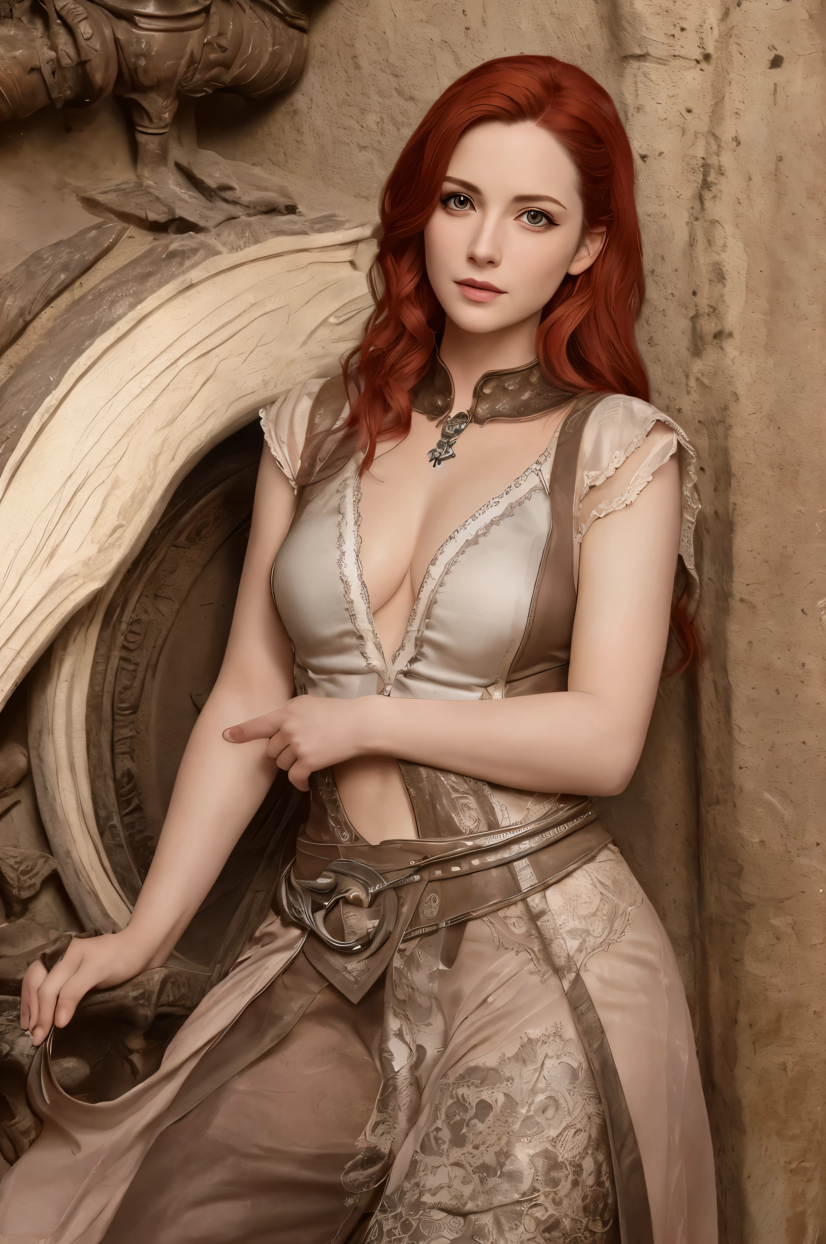 (Realistic:1.2), analog photo, RAW, female sorceress with red hair and tiny clothes, Triss Merigold, fantastic setting in "Witcher" style, whole body, Soft natural light, Cute and sexy, Pleasure, Detailed face and eyes, Лучше Quality, masterpiece, detailed fantasy background with medieval setting, Quality: 16 thousand.