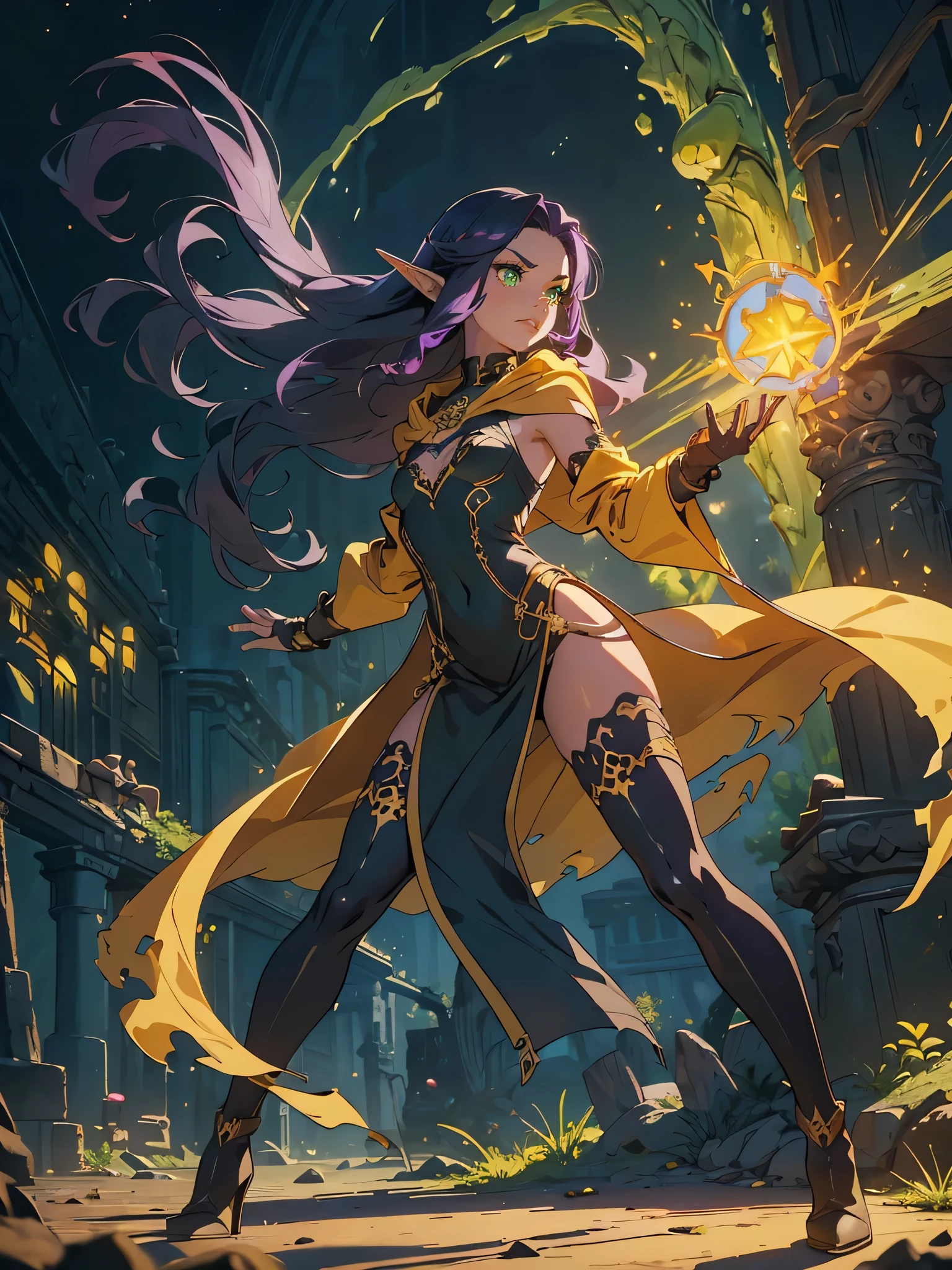 masterpiece, high quality, spacious underground ancient ruins, (1_women), (full body), (exotic skin_complexion), mature, tall, beautiful, exotic, with long elf ears, (looking away from the camera), angry face, arms out, hands in front, wearing (((yellow))) hooded cloak), hood down, yellow cloak, sleeveless, black choker, (thigh highs) with purple embroidery, long fingerless leather gloves, ((small breast)), black dress, bright purple hair, long hair, wavy hair, realistic and detailed face having (((green_eyes)), dark_eyeliner, long_eyelashes), natural dynamic lighting casts detailed shadows, knee high dark brown boots, casting magical spells,
