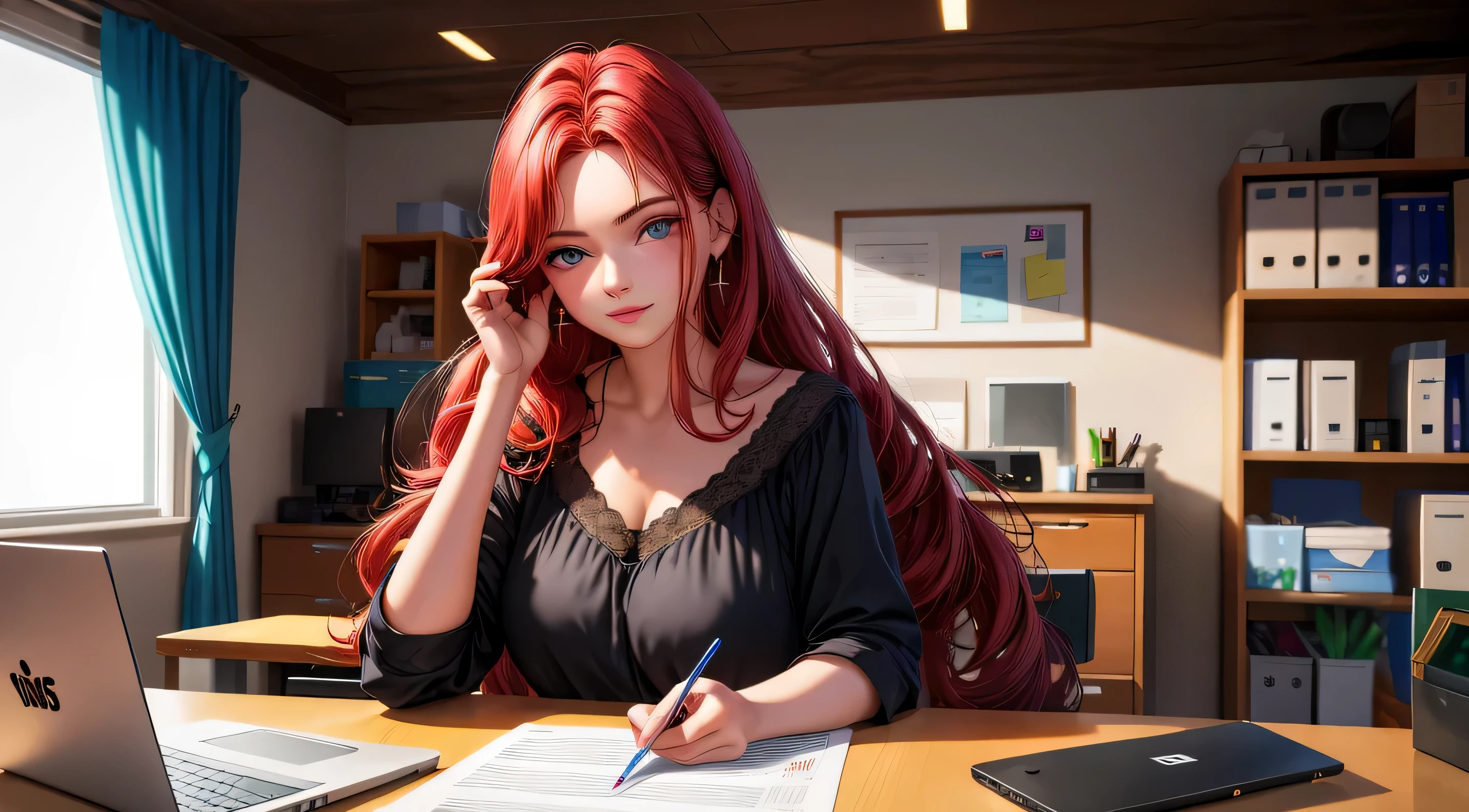 realista, 1 garota, seios grandes, cabelo vermelho, olhos azuis, olhos brilhantes, corte superior, roupa social, Working in an office with a laptop, 8k, full hd, cinematographic