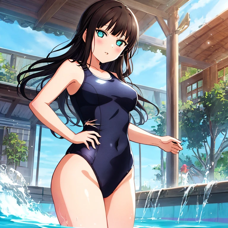 best quality, very aesthetic, Super detailed, best illustration, 1girl, おっぱい, black_hair, one-piece swimsuit