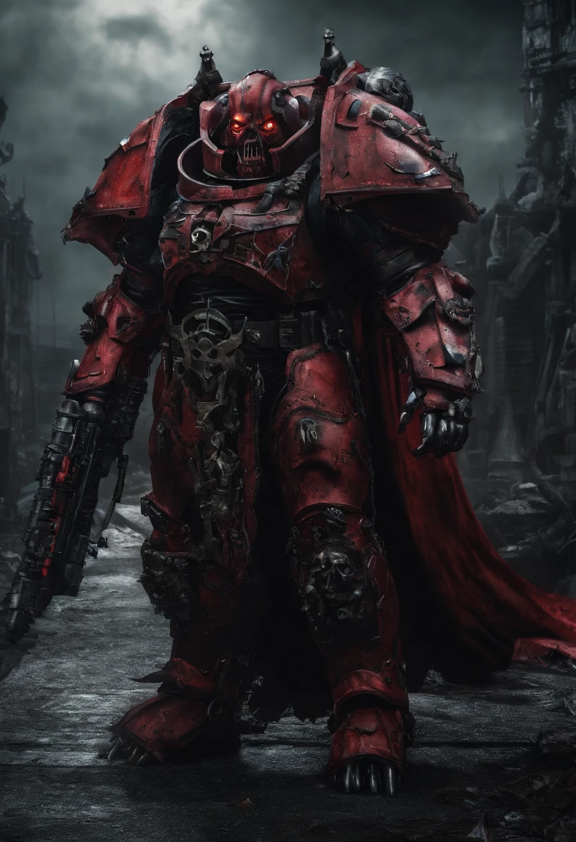 demon male, big fat, (fat), red cape, (warhammer 40k art:1.4), chaotic demon, (futuristic power armor:1.2), standing, (sinister smile), by john wilhelm, (best quality, masterpiece, award winning:1.4), (octane render, vivid colours:1.2)