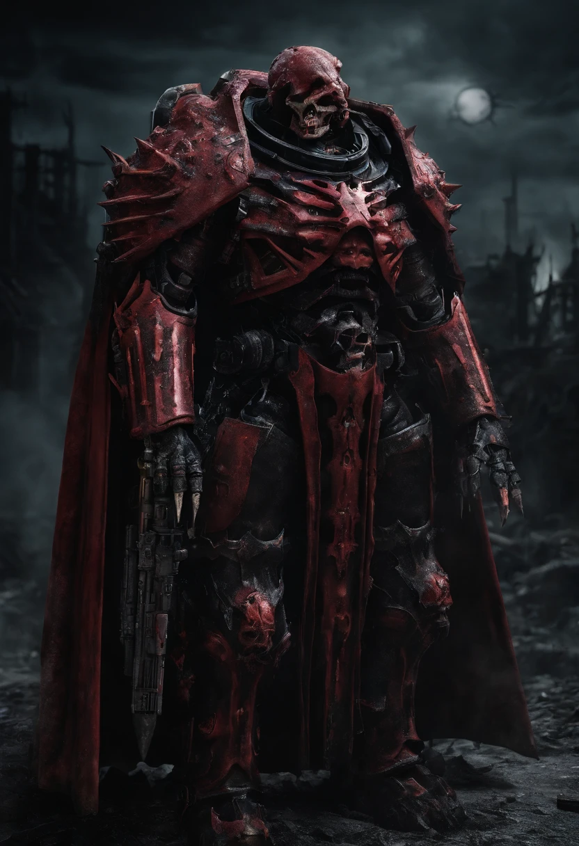 demon male, big fat, (fat), red cape, (warhammer 40k art:1.4), chaotic demon, (futuristic power armor:1.2), standing, (sinister smile), by john wilhelm, (best quality, masterpiece, award winning:1.4), (octane render, vivid colours:1.2)
