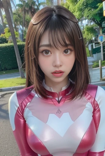 ((PinkRanger, EnakoV1)), 1girl, A beautiful 20 years old Japanese girl, Angelic, cute face,
Beautiful detailed eyes, 
(Large eyes:1.3),long eyelashes,
see-through bangs,
(beautiful detailed face and eyes:1.4), 
Beautiful short dark hair, beautiful smile,
(Best Quality:1.2),
Raw photo, 
High resolution, 
perfect detail, 
Professional Photography, 
Professional Lighting, (Metallic coral magenta and White Hero Suit:1.3), Ultra-tight fit bodysuit, Belt, Huge breasts, Beautiful legs, Strong lighting of the bodysuit,in the park, sexy figure:1.2, half body portrait