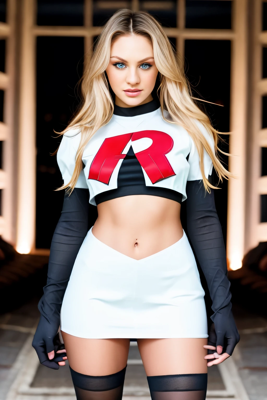 a Realistic photo of c4nd1c3sw woman wearing team rocket,team rocket uniform,white skirt,red letter R,crop top,black thigh-highs,black elbow gloves, long hair, breasts, looking at viewer, blue eyes, blonde hair, 