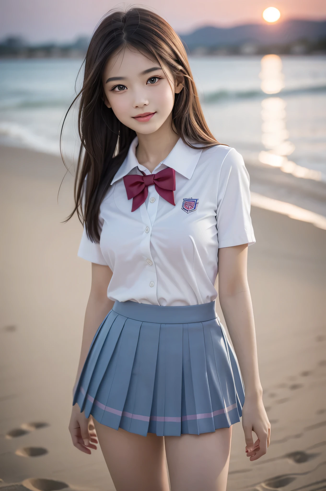(1young girls), (highly detailed Beautiful face), Amazing face and eyes, (Best Quality:1.4), (Ultra-detailed), (extremely detailed CG unified 8k wallpaper), Highly detailed, High-definition raw color photos, Professional Photography, Realistic portrait, Pink eyes, (hi-school uniform, pleated mini skirt:1.3), ((hi-school uniform with open chest)), brown hair, model, smile shyly, (beautiful breasts:1.3), depth of fields, depth of fields, beach, twilight, sunset,