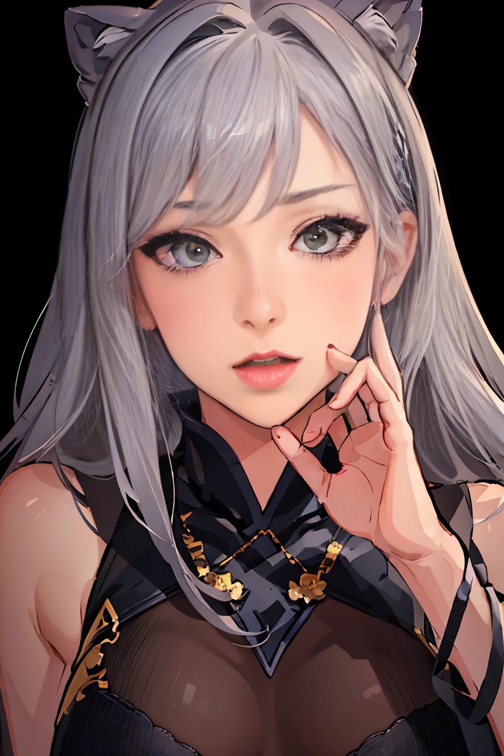 highest quality,fine texture,in detail,realistic expression of face,fine skin,Mouth wide open、Open your hand and place it next to your mouth、anime,girl,sexy,mix,model,figure,portrait,semi-realistic,gray hair