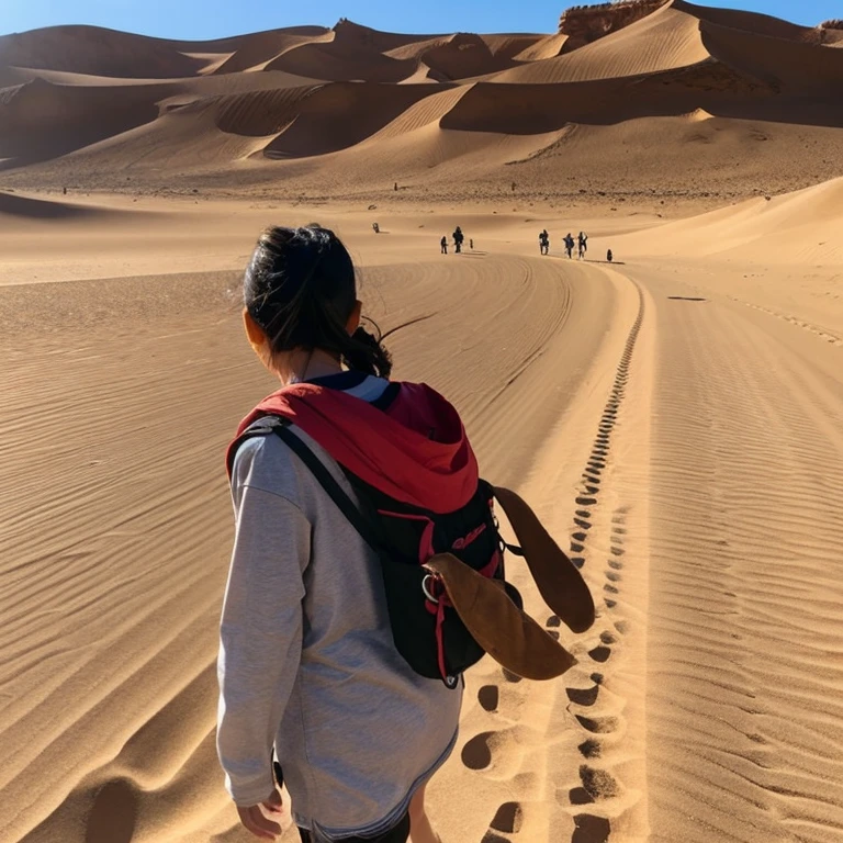 A photo of a 14-year-old Japanese girl walking single file through the desert., In the middle of the row is a 5-year-old Japanese boy., And in the back is a bulldog dog、A side view of people walking side by side