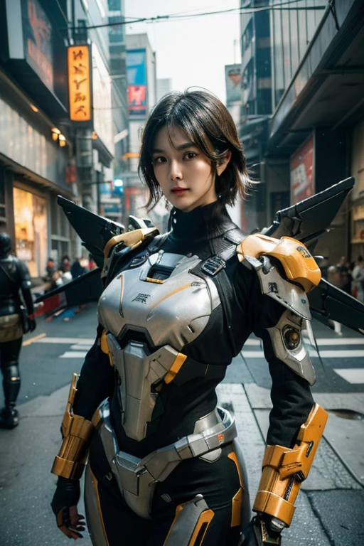 extremely detailed CG unity 32K wallpaper, top quality, masterpiece, raw photo, photorealistic, highest resolution, professional photo, dynamic, cinematic lighting, (cyberpunk:1.4), science fiction, sharp focus, depth of field, (perfect body, correct anatomy:1.5), intricately detailed face, expressive face, POV, (from front:1.3), 1 girl, Japanese woman, ((female soldier:1.3)), mecha-musume, solo, (cowboy shot:1.1), black hair, very short hair, ultra-realistic skin, detailed skin, tan, dark and bright eyes, highly detailed nose and lips, tall nose, (innocent face:1.2), (round and slim outline of the face:1.3), expressionless, ((camouflaged, combat uniform:1.2)), (slender, beautiful breast:1.4), (perfect body proportion:1.5), correct body proportion, ((powered suit, mechanical body armor, highly weaponized body:1.4)), ((huge mech wing:1.5)), in combat with hostile army, (((flying by using the mech wing:1.4))), (((holding a blaster rifle, aiming at enemy:1.2))), (((outdoor, vandalized city, ruins of buildings, noon:1.3)))