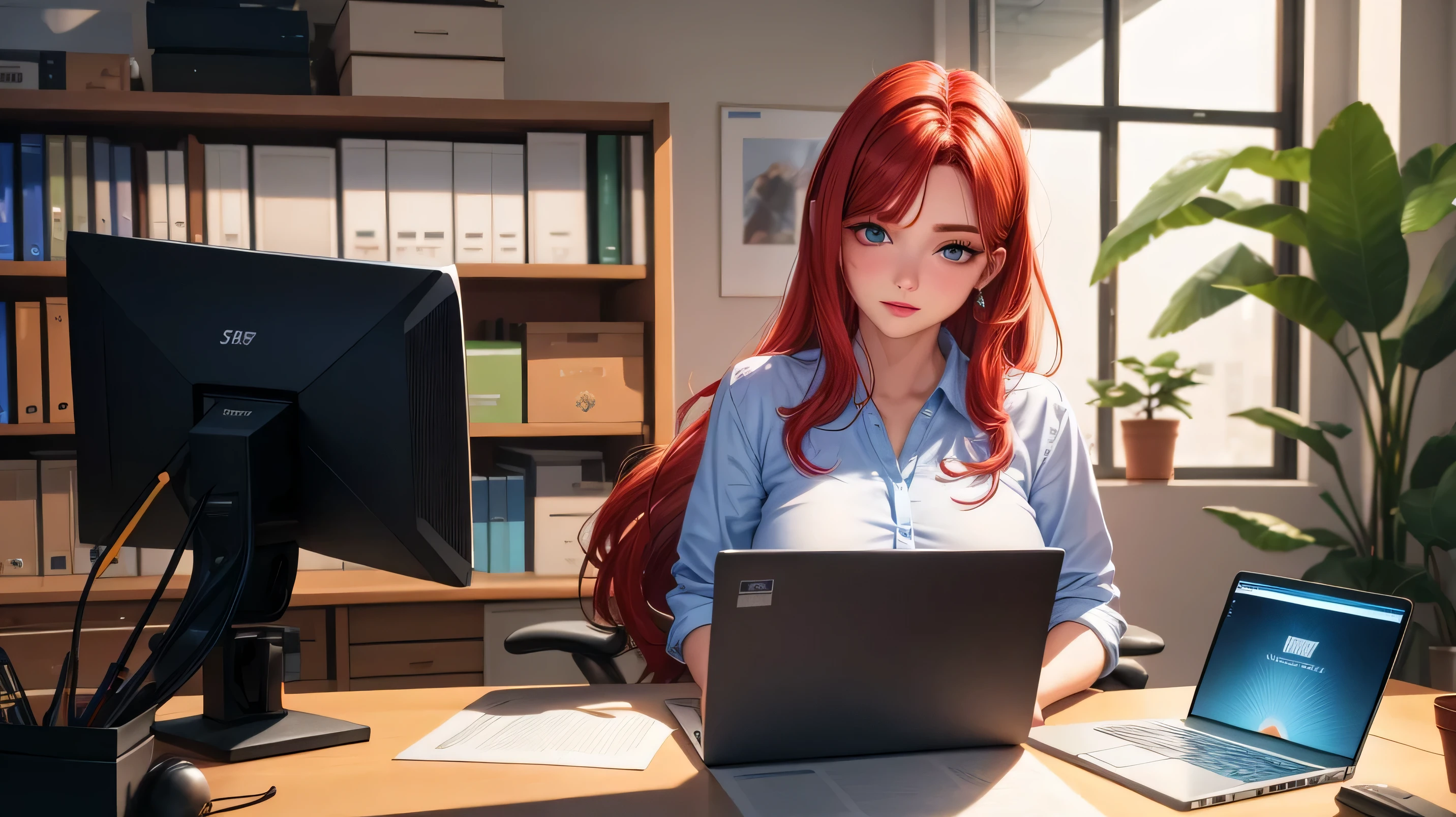 realista, 1 garota, seios grandes, cabelo vermelho, olhos azuis, olhos brilhantes, corte superior, roupa social, Working in an office with a laptop, 8k, full hd, cinematographic