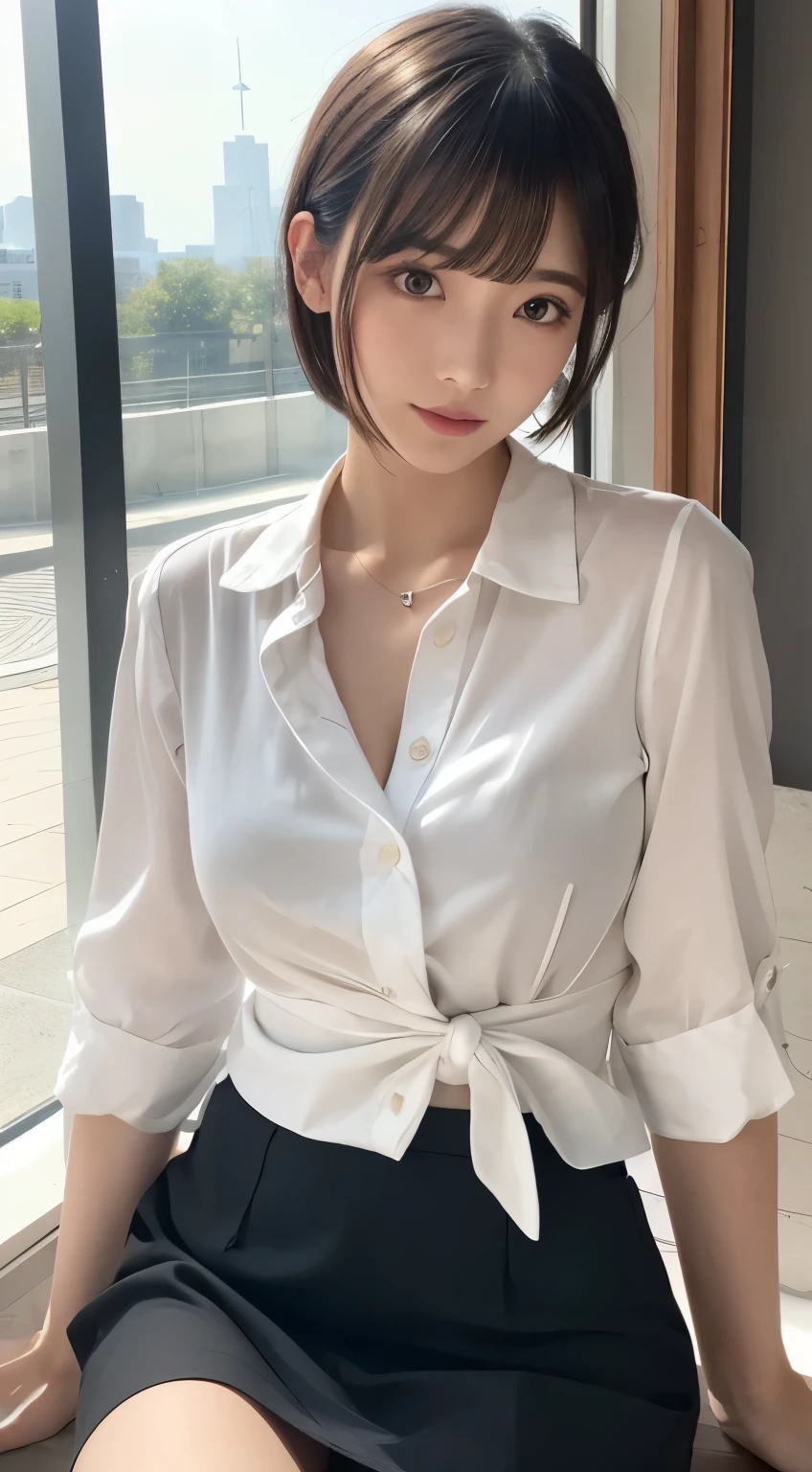 {{NSFW}},((highest quality、In 8K、master piece:1.1))、fisheye lens 、1 woman、Transparent white skin、delicate and beautiful skin、human-like skin、realistic skin feel、Make sure the light and dark、very short hair、short hair、too short hair、複雑な色hair of、complicated hairstyle、gloss々hair of、bangs are cute、Cut the bangs parallel to each other、bangs bangs、Tie your hair back、Tie your hair to the side、two block、Sheared hair、ear length hair、Looking at the camera、look at camera、raise your chin slightly、double big eyes、super delicate eyes、super detailed face、keep your face firmly、face when waking up、Sleepy face、high detailed lips、thick lips、Slender body,covered erect nipples,shiny skin,Take a full body photo、feminine toned body、draw the entire landscape、comb your hair、detailed design、Stylish café terrace、The weather is nice and I feel good、cute shirt、sit in a chair and look at this、You can see black underwear through the white shirt、Thin fabric shirt、Cute skirt、Pants are visible through the skirt、Panchira、Black panties show through the gap in the skirt、