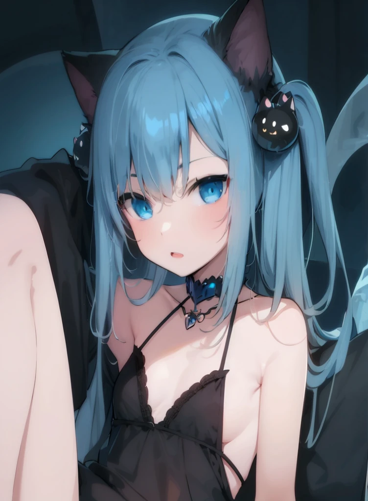 blue hair、Anime girl in black dress posing for camera, anime Girl with cat ears, anime style 4 k, beautiful anime cat girl, seductive anime girls, Very beautiful anime catwoman, cute anime cat girl, Anime cute art style, anime style. 8k, anime cat girl, Demon anime girl, guweiz, Girl with cat ears