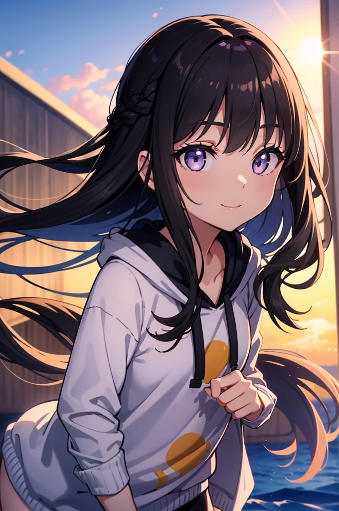 Takiinoue, Takina Inoue, long hair, bangs, black hair, Braid, (purple eyes:1.2), (small breasts:1.2),Wear a big straw hat,Ocean水浴,Ocean,sandy beach,summer,school swimwear,Thin hoodie, close your mouth,smile,break indoors, break (masterpiece:1.2), highest quality, High resolution, unity 8k wallpaper, (figure:0.8), (beautiful and fine eyes:1.6), highly detailed face, perfect lighting, Very detailed CG, (perfect hands, perfect anatomy),