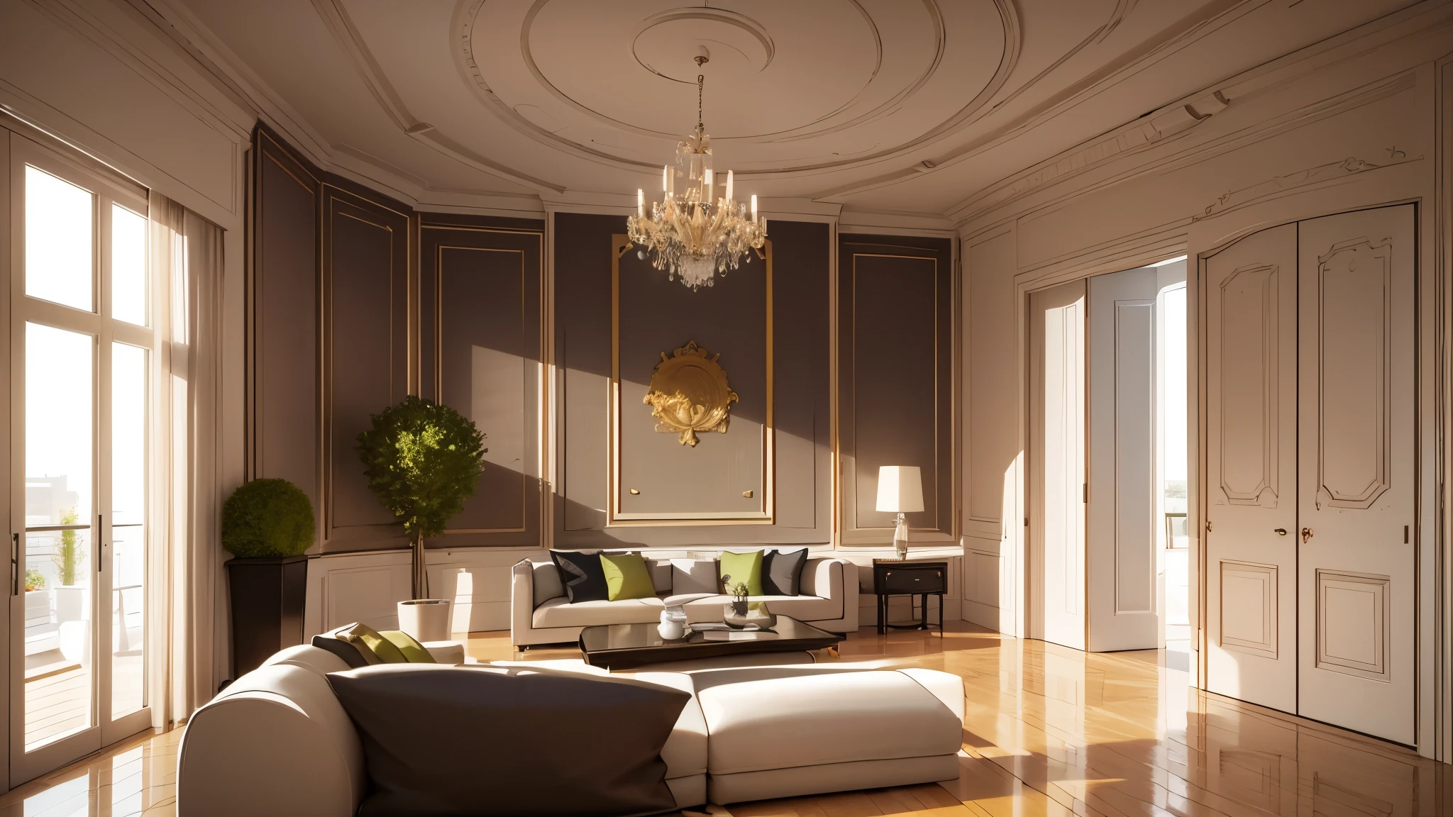 You are a famous interior designer、You have been asked to create a 3D image of a modern large room. Create a harmonious environment with modern and minimalist furniture. Including garden interior.