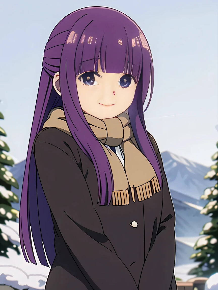 一人の女性はフリーレン風のscarfを巻いている, The main character of the anime "Freelen's funeral". scarf (wrapped around her neck like a ribbon) Has fringes on both ends. She is smiling gently. scarfのリボン部分が大きくて可愛いです. The background is a snowy forest. 4K high image quality.