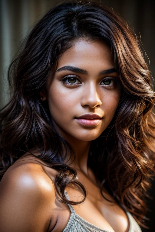 Masterpiece. Best quality, brown-skinned young woman with green eyes and purple curly hair with faded dark brown hair roots, posing for a picture, soft portrait shot 8 k, beautiful young girl, beautiful portrait image, photo of a beautiful woman, perfect face and eyes, gorgeous face portrait, beautiful young woman, beautiful portrait photo, beautiful model girl, extremely beautiful face, very beautiful young woman, beautiful girl model, beautiful portrait lighting 8k uhd, dslr, high quality, film grain, fujifilm xt3