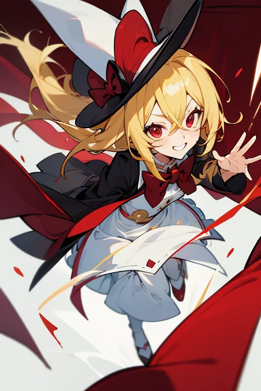Anime Girl, Blonde Hair, Red Eyes, Wearing a Black Magician's Top Hat, White Magician's Suit with a Red Bowtie, Long Maroon Skirt, Black Heels, Red Curtain Background, Welcoming Expression, Wide Grinning, Waving at the Camera, Fun, Cheerful, Fantastic, Worth the Wait, Extreme Close-up Portrait, Body Shot