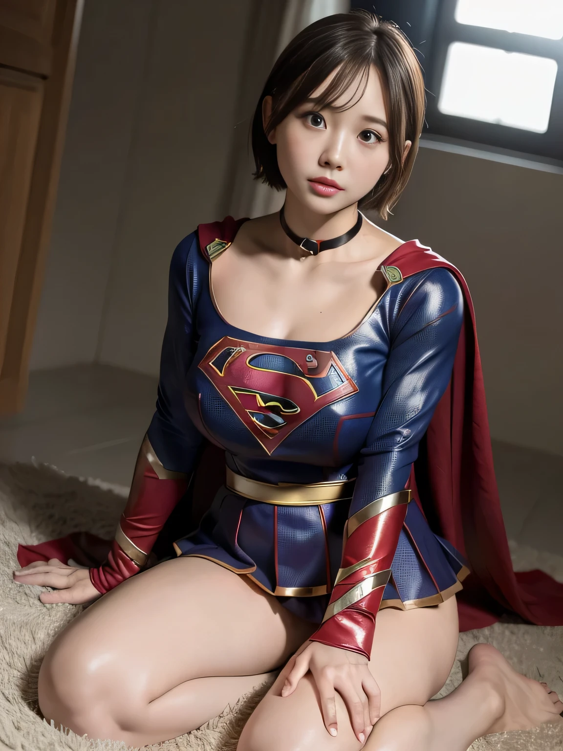 masterpiece、Supergirl costumes、short hair、barefoot、big and full breasts、disposal facility、operating table、straddle、Tattered、shiny、look at the camera、Seduce、choker、long sleeve、red mini skirt、Cowgirl