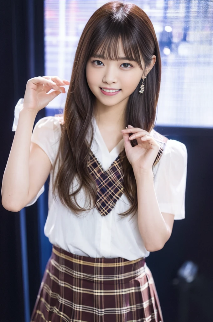 smile、night、Raw photo、(((ultimate beauty portrait)))、((glowing skin))、1 girl、15 year old beautiful girl from Prague、bright look、((brown hair))、(cleavage)、(plaid pleated skirt:1.5)、((Big eyes that shine like jewels))、open cardigan、open your clothes、pantyhose、Glossy and glossy skin、(medium hair)、(silky ponytail hair)、(standing)、(from below)、under the skirt、under the skirt、(from below下着の接写)、eyeliner、beautiful bangs、hair between eyes、((masterpiece、最high quality、super detailed、film light、intricate details、High resolution、very detailed))、detailed background、8KUHD、Digital single-lens reflex camera、soft light、high quality、film grain、Fujifilm XT3 、shallow depth of field、natural soft light、Kamimei、rich bust