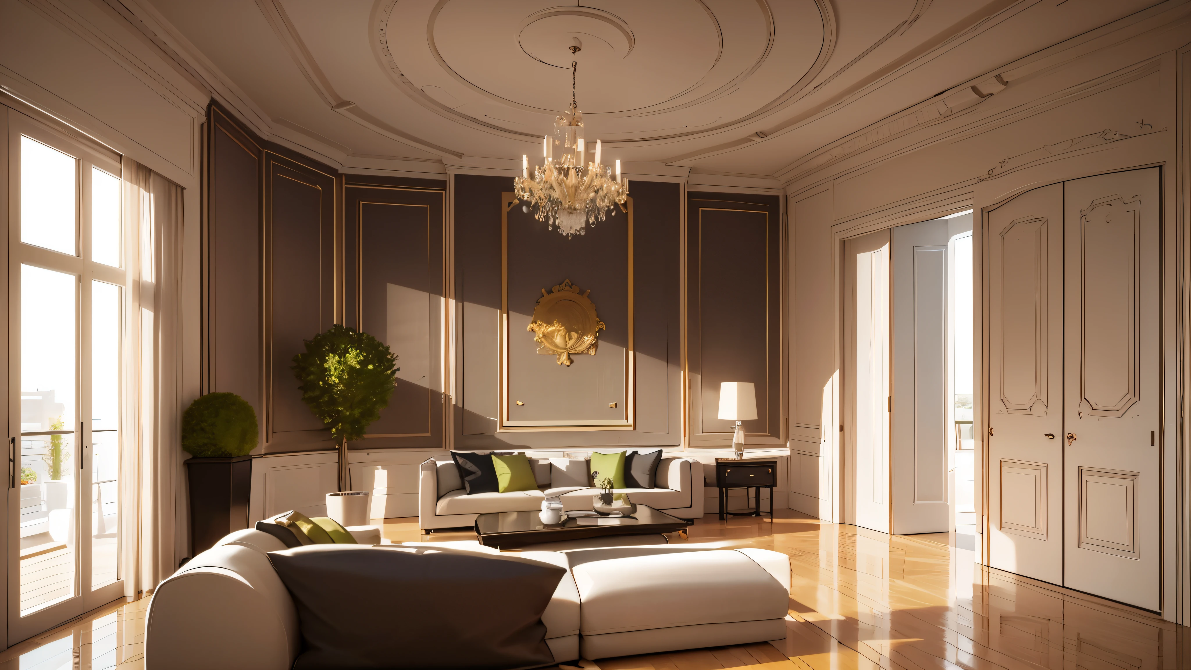 You are a famous interior designer、You have been asked to create a 3D image of a modern large room. Create a harmonious environment with modern and minimalist furniture. Including garden interior.