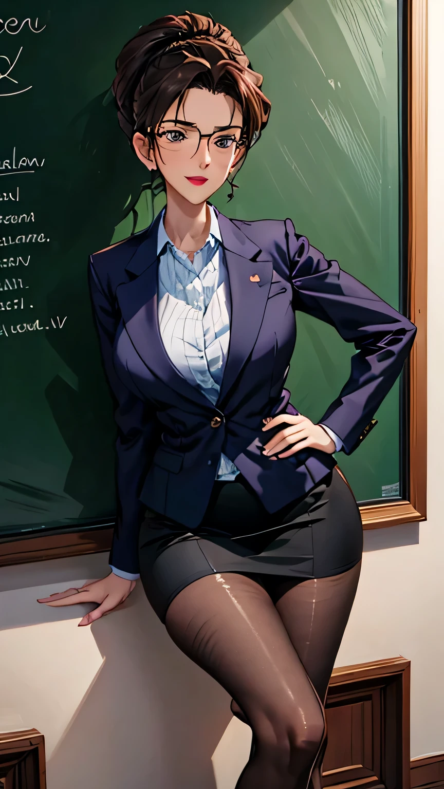 A beautiful teacher in a suit is standing in the room, There is a blackboard on the wall behind her, Beautiful teacher, Sexy, aloof, Black stockings wrap long legs, light brown hair, Lick lip, Sony FE General Manager, ultra high definition, retina, precise, masterpiece, anatomically correct, textured skin, Super details, high quality, high detail, best quality, high resolution, 1080P