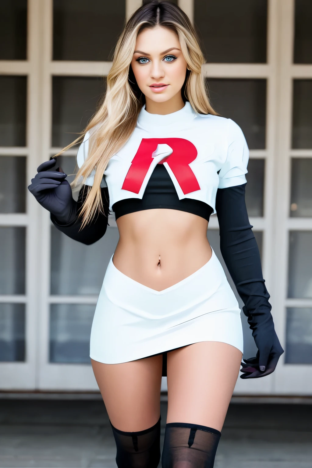 a Realistic photo of c4nd1c3sw woman wearing team rocket,team rocket uniform,white skirt,red letter R,crop top,black thigh-highs,black elbow gloves, long hair, breasts, looking at viewer, blue eyes, blonde hair,