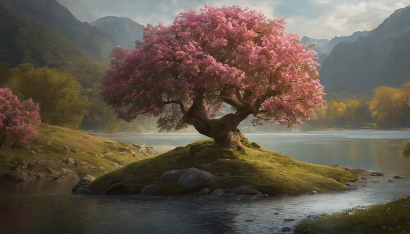 a painting of a tree surrounded by flowers, by Arthur Pan, cgsociety contest winner, fantasy art, in style of mike savad”, garden utopia, fairy circle, of romanticism a center image