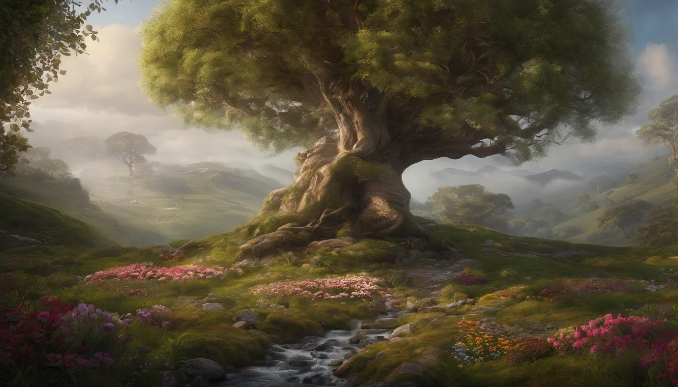 a painting of a tree surrounded by flowers, by Arthur Pan, cgsociety contest winner, fantasy art, in style of mike savad”, garden utopia, fairy circle, of romanticism a center image
