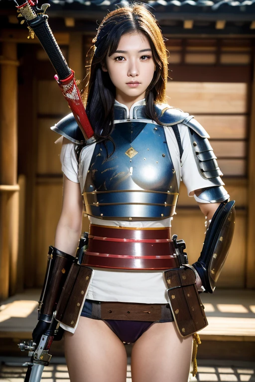 extremely detailed CG unity 32K wallpaper, top quality, masterpiece, raw photo, photorealistic, highest resolution, professional photo, dynamic, cinematic lighting, (Japan in 16th century, science fiction:1.4), steampunk, sharp focus, depth of field, (perfect body, correct anatomy:1.5), intricately detailed face, expressive face, POV, (from front:1.3), 1 girl, ((:1.2)), Japanese woman, ((female warrior:1.3)), solo, cowboy shot, black hair, ponytail, ultra-realistic skin, detailed skin, (narrow and brown eyes:1.3), hyper-realistic eyes, highly detailed nose and lips, (tall nose:1.5), (oval and slim outline of the face:1.4), expressionless, ((samurai armor:1.5)), slender, beautiful breast, (perfect body proportion:1.5), (((holding and aiming a giant musket:1.5))), (((the musket is ejecting a rocket grenade:1.3))), (((during a battle, outdoor, countryside, noon:1.2)))