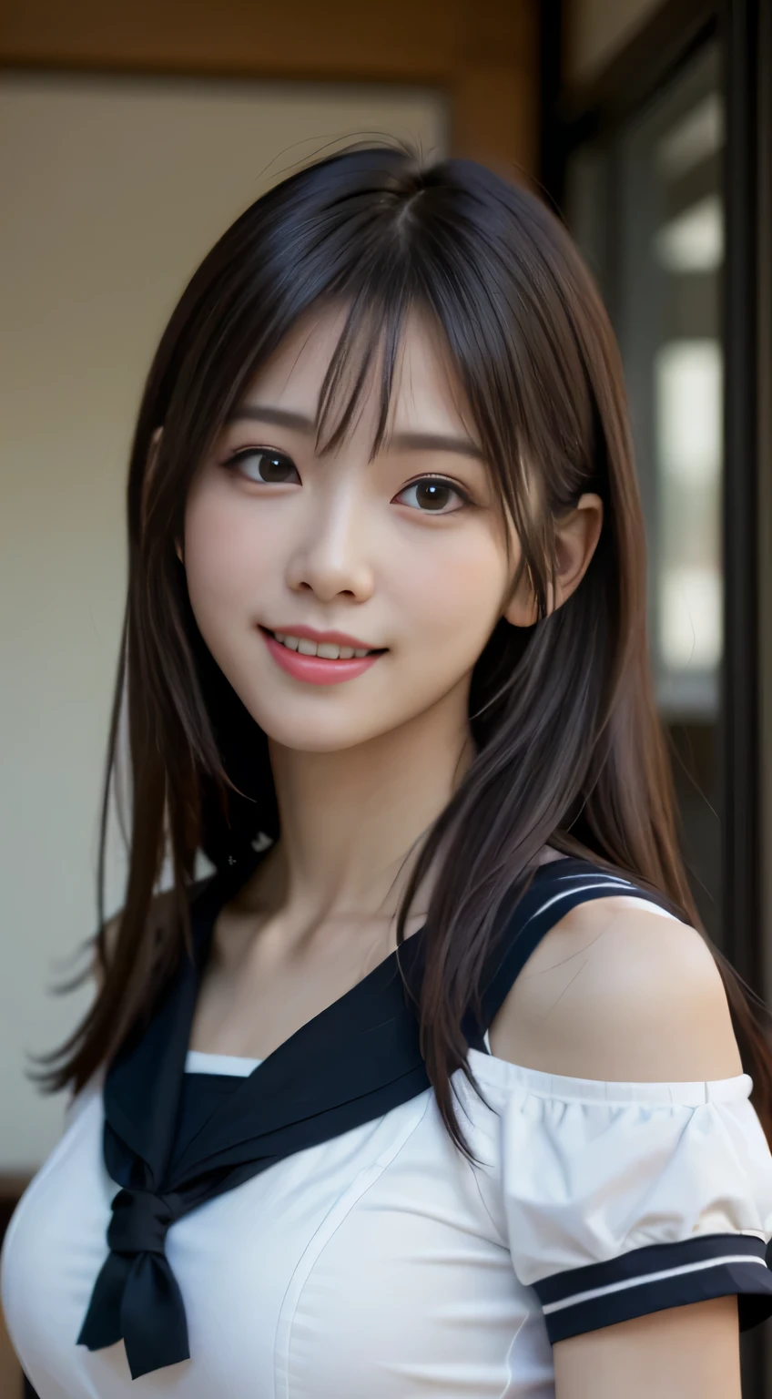 White see-through blouse,Face Interview, (Photoreal:1.4), (hyper realistic:1.4), (realistic:1.3), (smooth lighting:1.05), (Improve video lighting quality:0.9), 1 female, 16-year-old woman, realistic lighting, Backlight, facial light, ray tracing, (cheerfulness:1.2), (Improved image quality:1.4), (Highest quality realistic textured skin), finely tuned, small face, red cheeks, slender body, medium-breasted pointed jaws,,,,,,,,,,,,,, Japan idol system, Nogizaka idol, glowing skin, fiery idol pose, P, dull bangs, black hair, hair behind the ear, shoulder hair, long hair,tear bag,Summer plateau、no makeup、(short sleeve sailor suit:1.2)