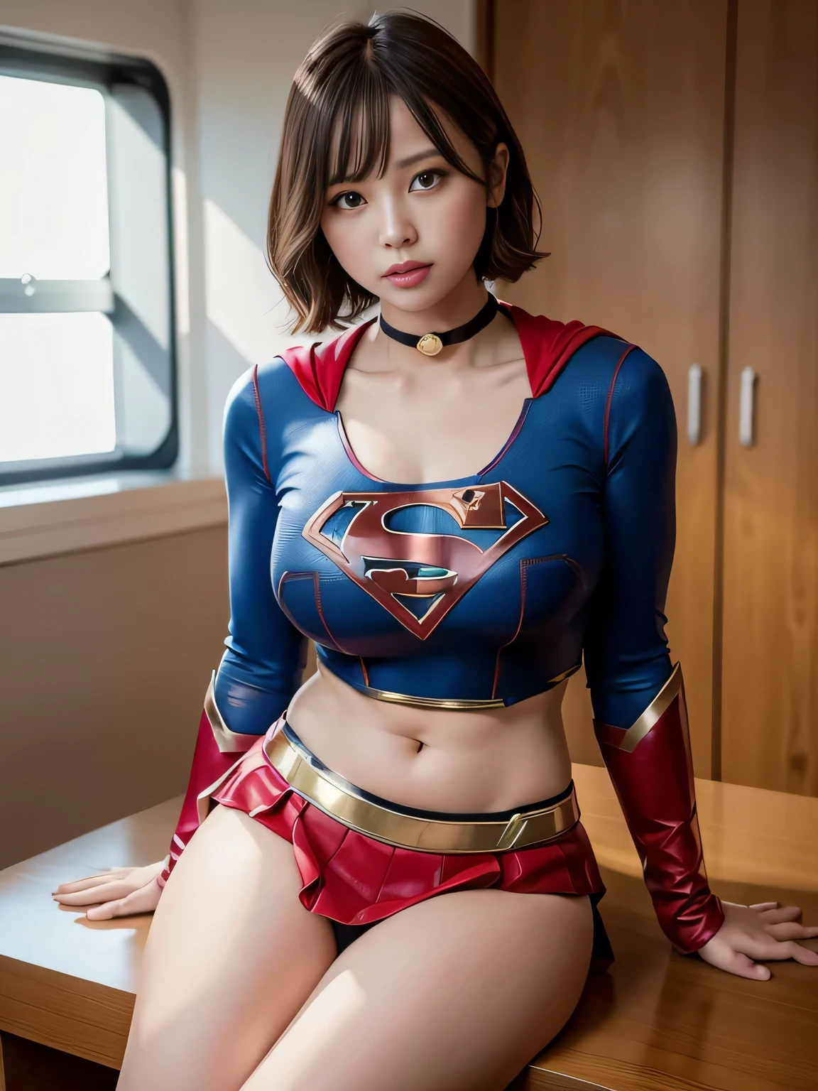 masterpiece、supergirl costume、short hair、barefoot、big and full breasts、Research room、operating table、straddle、Tattered、shiny、look at the camera、Seduce、choker、red mini skirt、long sleeve、Cowgirl