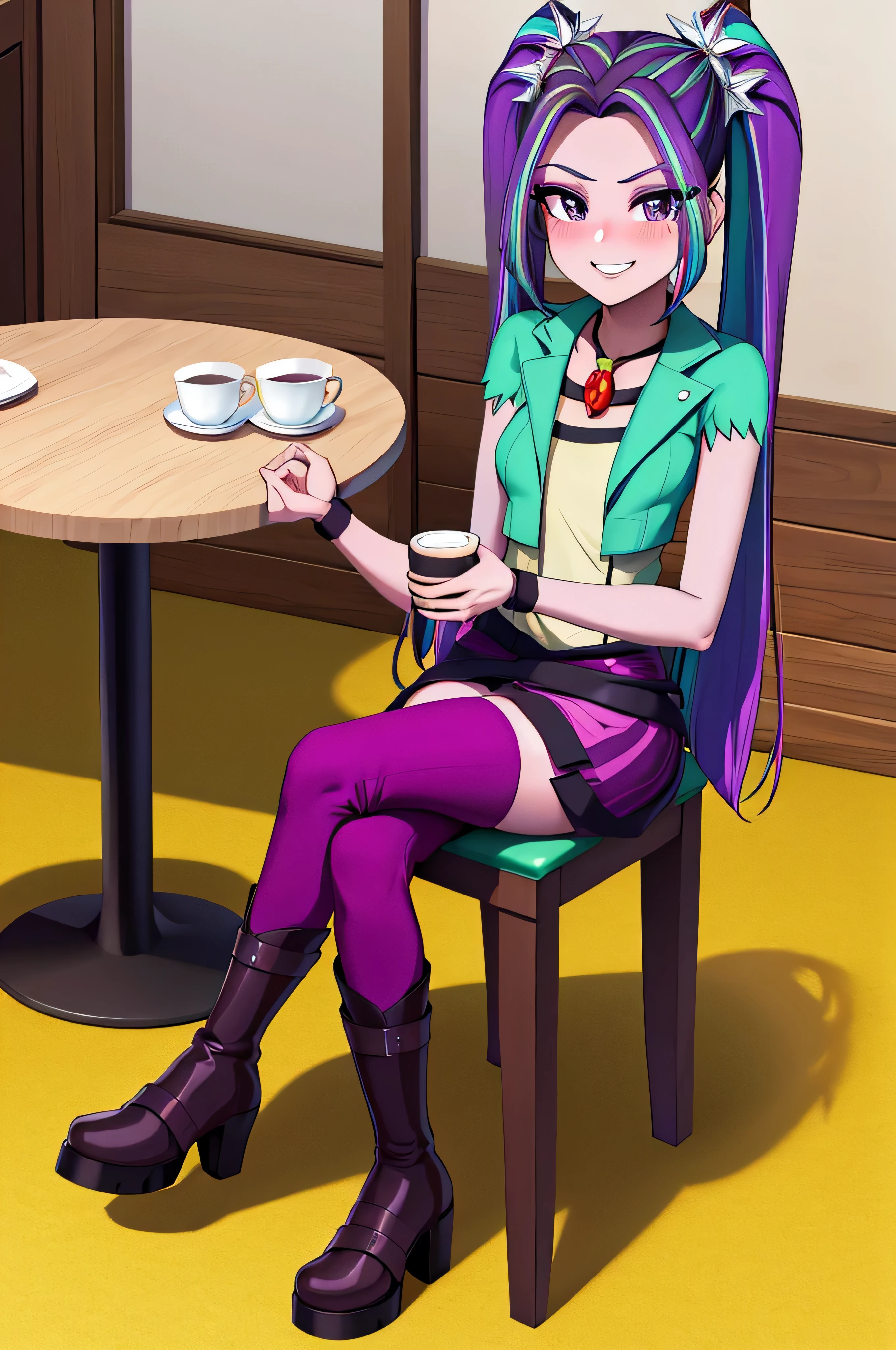 A feminine looking man, femboy, rainbow hair, disordered, hair over eyes, black painted lips, happy, Slim and feminine body., thick thighs, flat chest, her butt is very big, tanned skin, very small purple jacket, fitted white top, mini skirt, rainbow long stockings, heels, session, next to a window, a table, cake on the table, in a coffee shop, offering cake on a fork to the viewer, sunset, lus of the sun, Sun reflection, front view, Upper part 