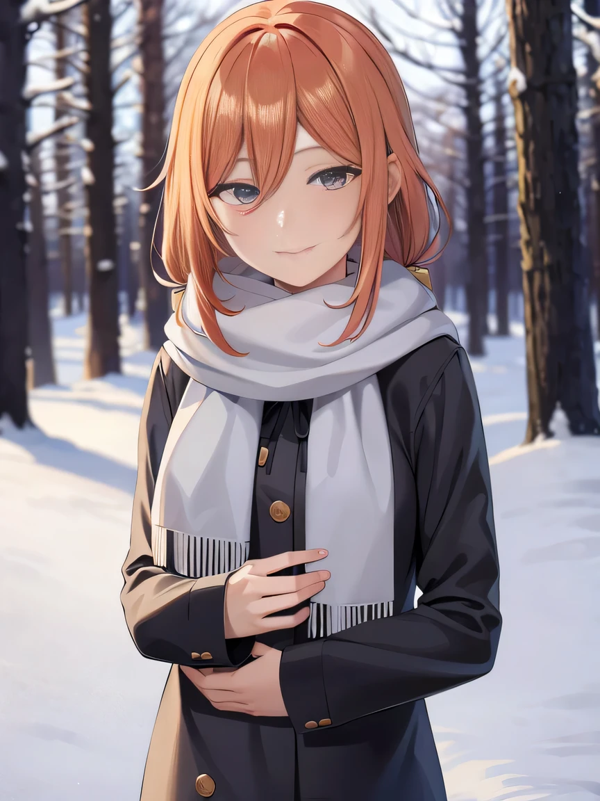 一人の女性はFreelen風のscarfを巻いている, The main character of the anime "Freelen&#39;funeral". scarf (wrapped around her neck like a ribbon) Has fringes on both ends. She is smiling gently. scarfのリボン部分が大きくて可愛いです. The background is a snowy forest. 4K high image quality.