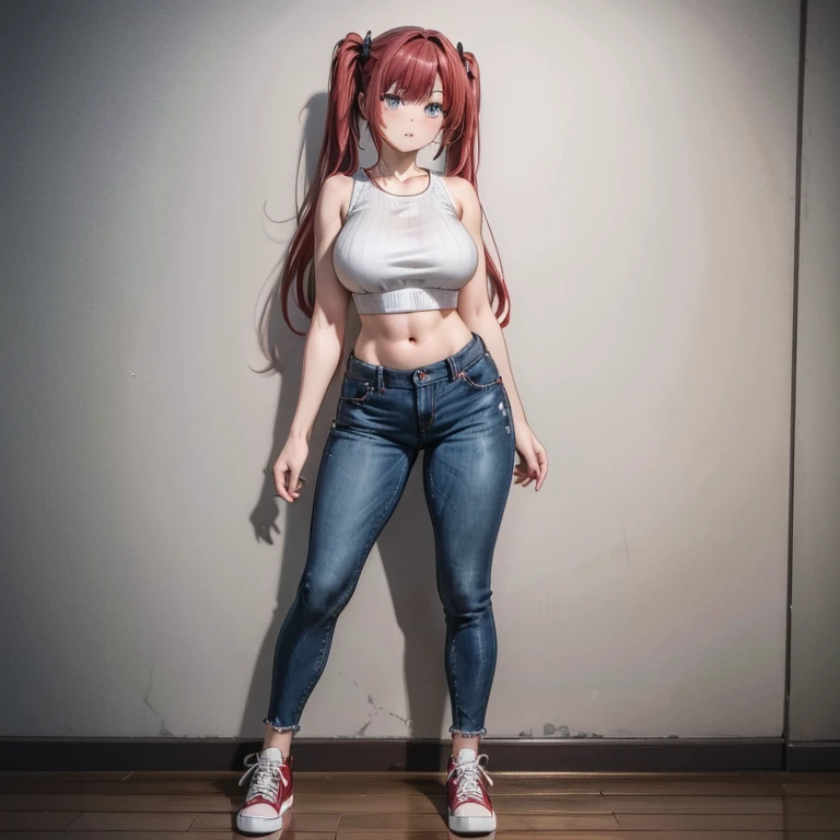 Red-haired twintails（Country style）、big breasts、muscular body、White navel and sleeveless（knit）、skinny jeans、red sneakers、tall stature、30 years old