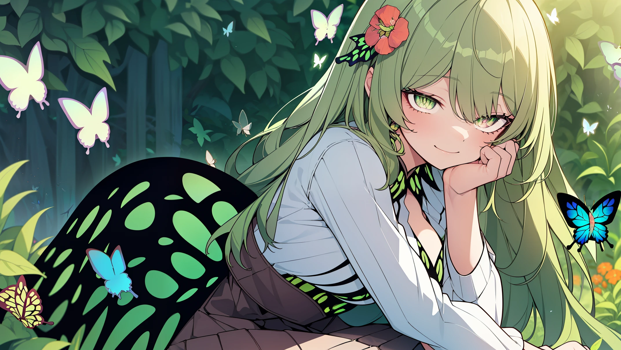 1 girl,Best quality, tmasterpiece, Long green hair, beautiful,detailed eyes, HD, super cute girl, super cute hairstyle, extremely detailed, Visually inspect the audience, The face is slightly red,is shy,adolable,Lori small breasts cleavage, skirt, pleated skirt, frills, frilled bra, (solo:1.6), seductive smile, (green eyes with beautiful pupils:1.7), (on her knees:1.5), (garden background with butterflies and flowers around:1.7),