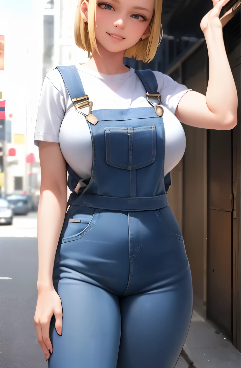 Smiling girl, 22 years ago, realistic, big breasts、slender、Wear a white shirt underneath、Wearing overalls、she is wearing jeans both top and bottom, blonde、The hairstyle is one-length、sexy pose、photorealistic、stand on the streets of the city、beautiful woman、golden earrings