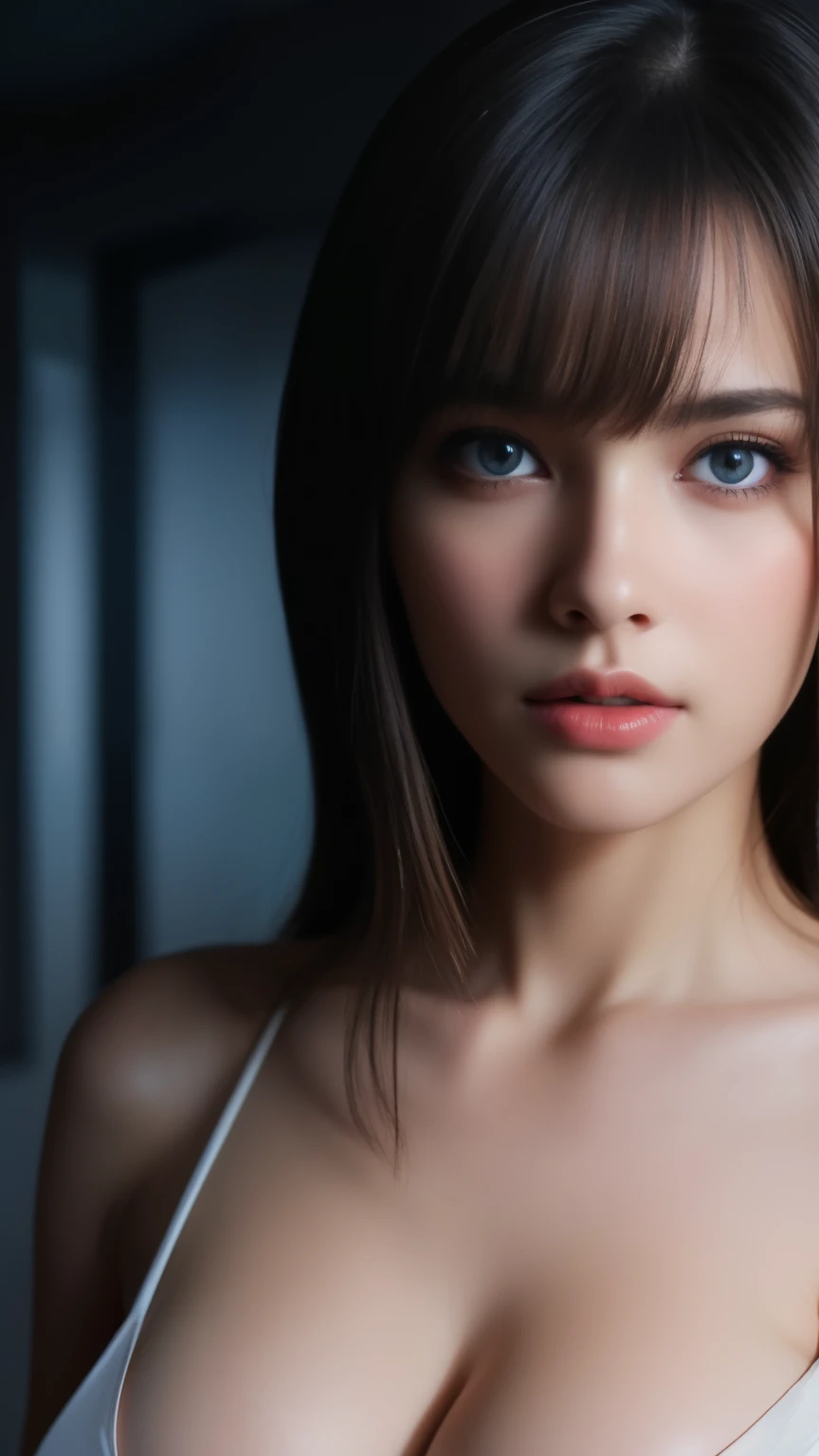ultra high res, masterpiece, best quality, perfect glossy shiny skins, perfect lighting, detailed lighting, dramatic shadows, ray tracing, top-quality, lighting like a movie, Beautiful skins, looking at viewer, ((Dark background)), Big breasts, Exposed cleavage, long bangs, blue Eyes, sharp face, sharp eyes,
