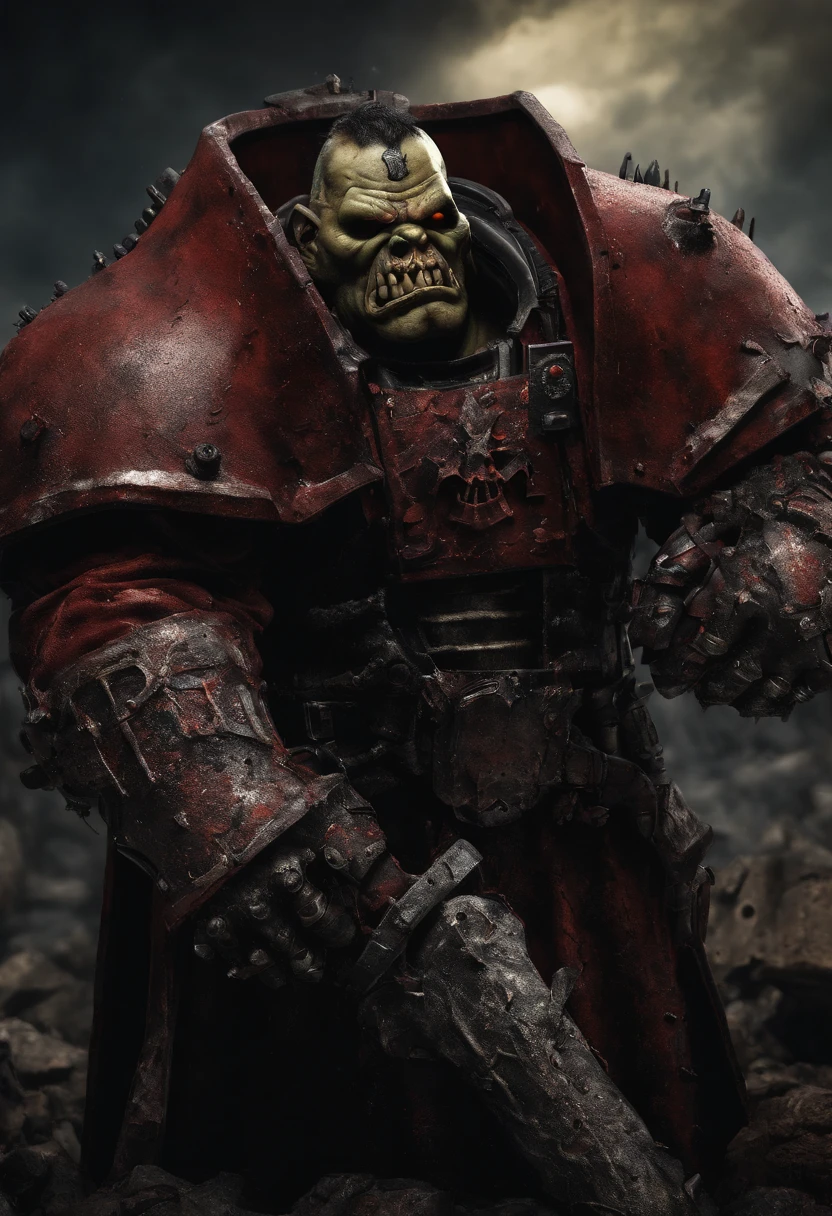 Chaos Space Marine of Nurgle, armor leaking slime and gore, bloated, attacking with a chain sword, viewed from a low angle, battlefield