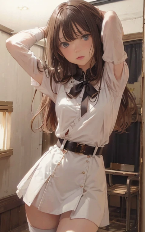 ((masterpiece)), ((best quality)), (ultra-detailed), NSFW, ((underground)),((severe torture)),(((single belt strongly bound waist))),a cute girl, 1girl, solo, (white girly blouse),mini skirt,(both wrists tied above the head ), (both wrists hung from the ceiling),((thin waist)),large breast, slim, slender, ((bdsm)),beautiful pinkbrown hair, beautiful blue eyes, (beautiful eyes), long hair,troubled expressio