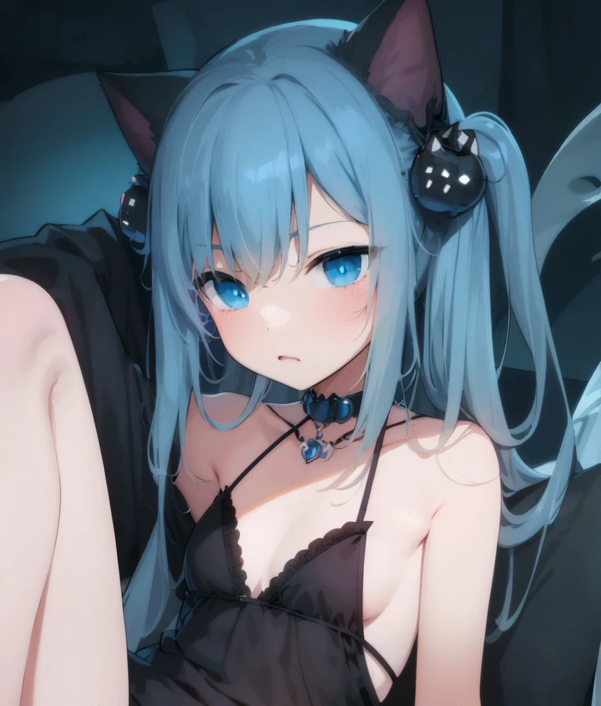 blue hair、Anime girl in black dress posing for camera, anime Girl with cat ears, anime style 4 k, beautiful anime cat girl, seductive anime girls, Very beautiful anime catwoman, cute anime cat girl, Anime cute art style, anime style. 8k, anime cat girl, Demon anime girl, guweiz, Girl with cat ears，Big breasts