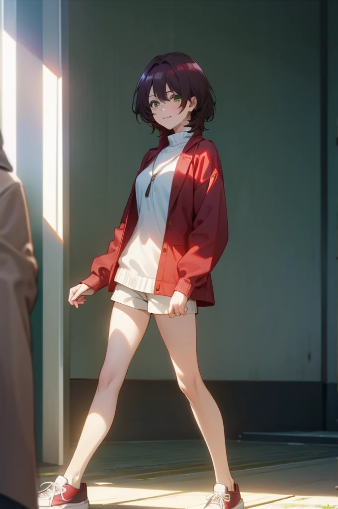 masterpiece, (highest quality), 1 female,1 girl ,aoihinami, , short hair, green eyes, red long coat,sweater,shorts,white tights,black ankle fur,sneakers,In town,walking,sexy woman,close your mouth, smile, hair between eyes, Bright colors ,Natural light  ,rtx,  , beautiful, (detailed face:1.2), showcase, (perfect eyes:1.1) ,(realistic:1.1), 8K UHD,  looking at the viewer,