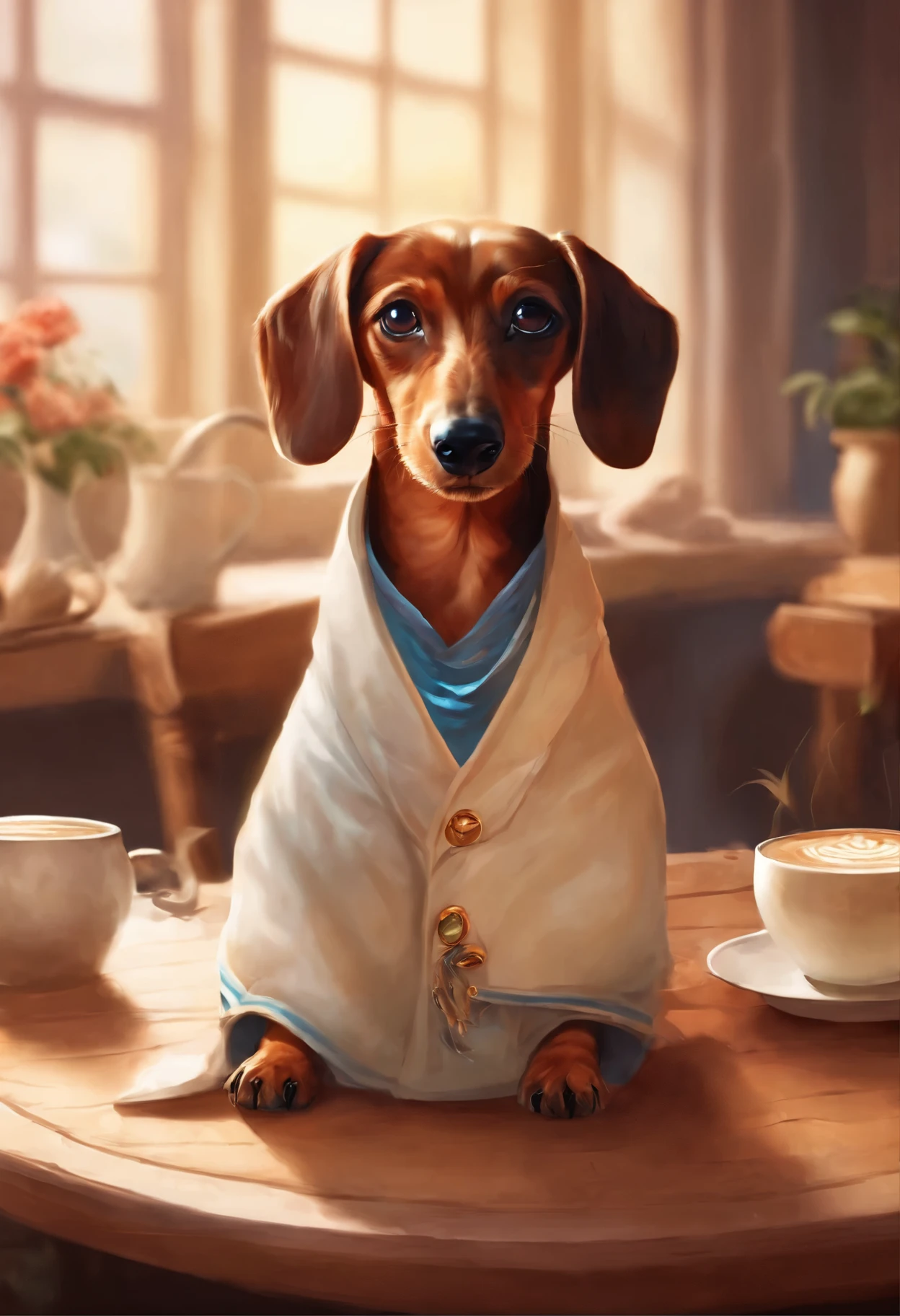​masterpiece:1.3, Photorealsitic, 8K,  Miniature dachshund wearing cook's clothes and making latte art, White giant mug, Perspective from above,