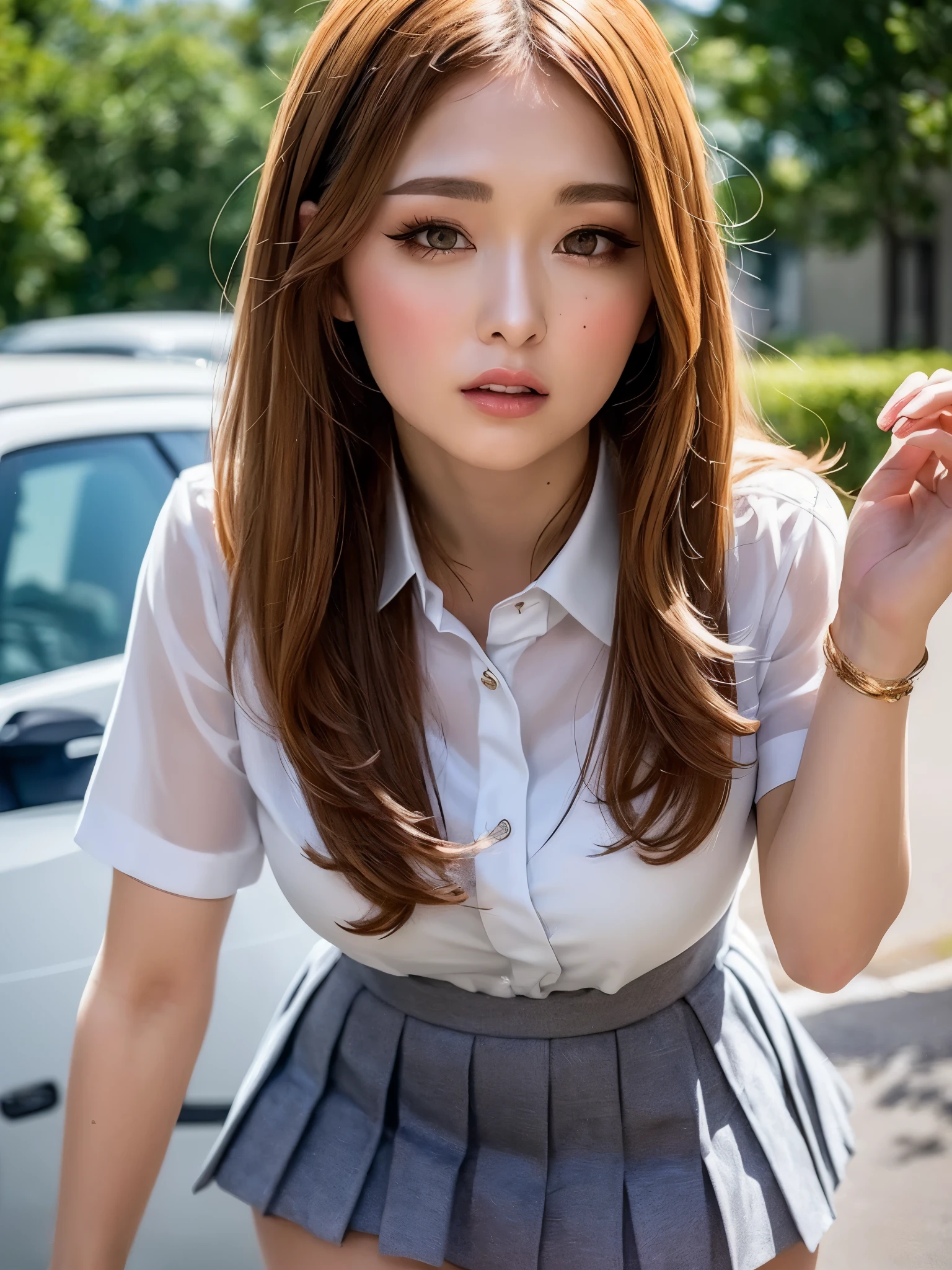 （highest quality，4K，masterpiece：1.2），Beautiful woman，1 girl，sexy：1.1，dark yellow hair：1.1，Woman in school uniform，Drenched uniform，super detailed face，detailed lips，fine eyes，double eyelid，miniskirt white stockings，stand up